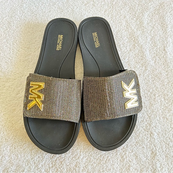 Michael Kors Black and Gold Slide Sandals - Picture 3 of 8